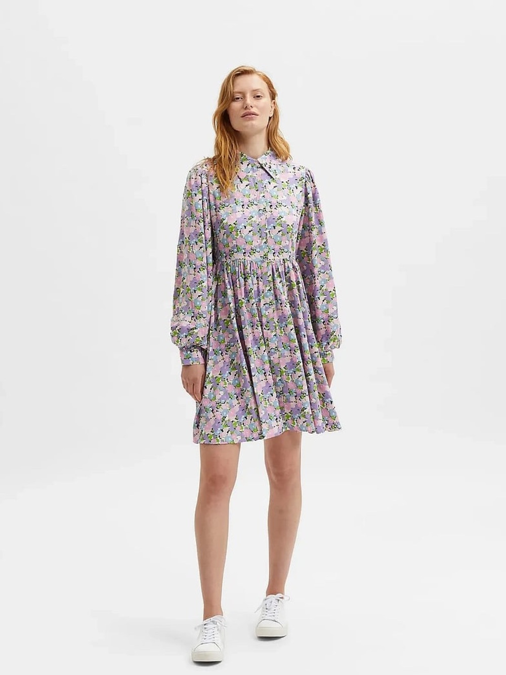 Floral Collared puffy-Sleeve Mini Dress in Lavender